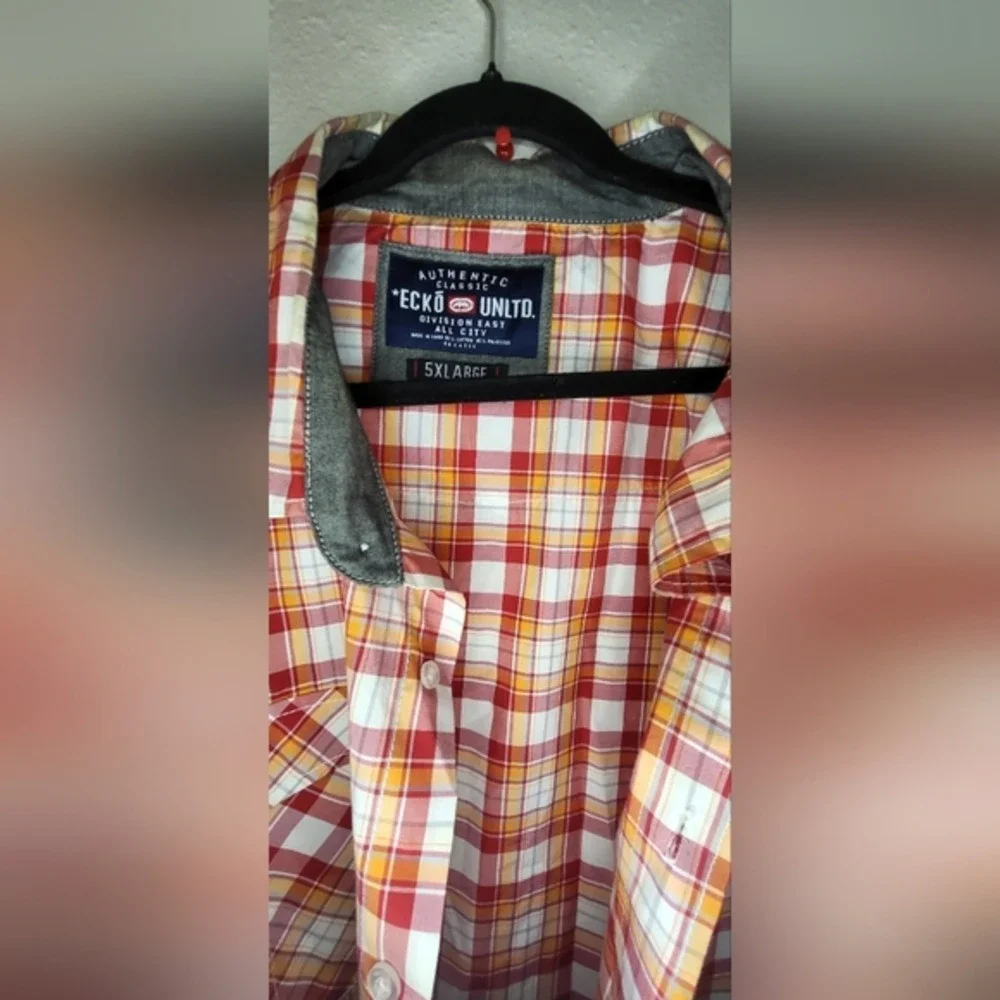 Ecko Unltd Mens 5XL Red Orange Plaid Short Sleeve‎ Western Button Down Shirt